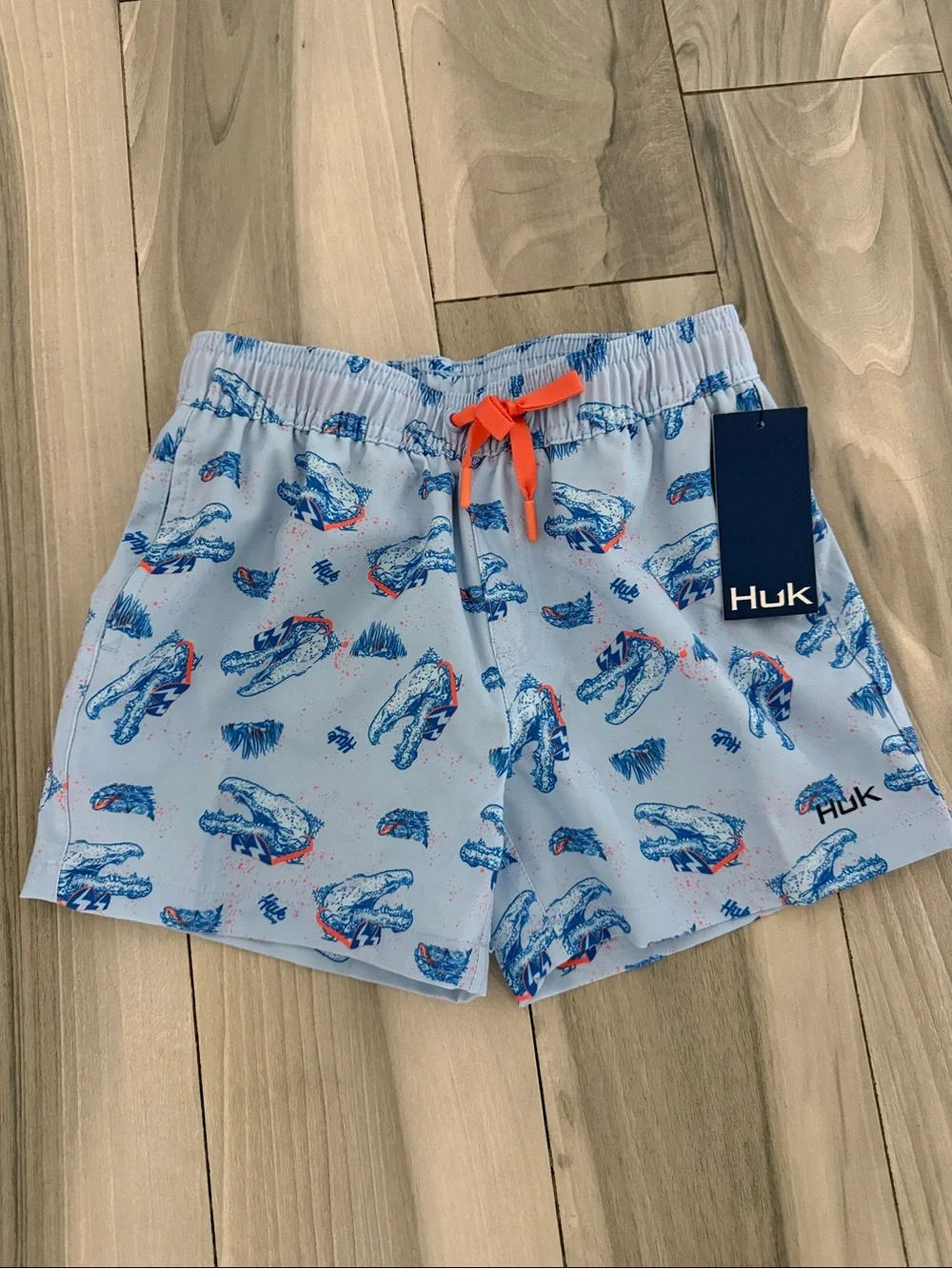 Huk Light Blue Allover Gator Swim Shorts with Orange Drawstring